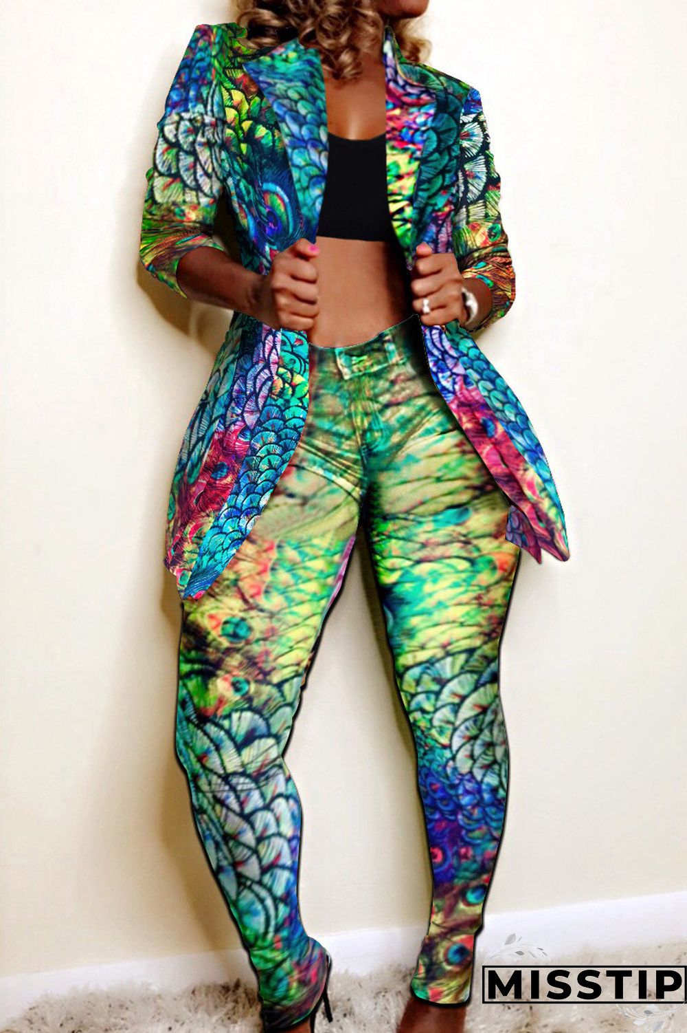 Colour Fashion Casual Print Cardigan Pants Turndown Collar Long Sleeve Two Pieces