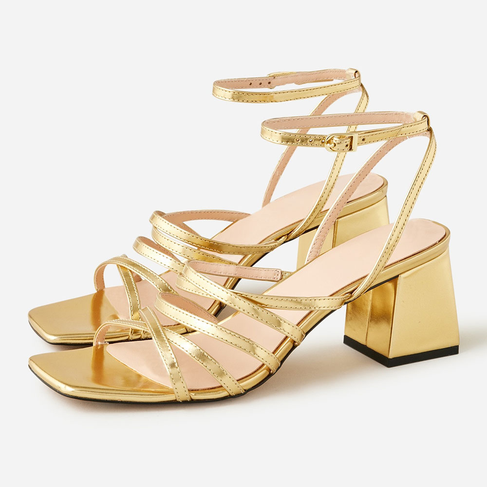 Gold Open Square Toe Block Heel Women Sandals with Criss-Cross Strappy Nicepairs