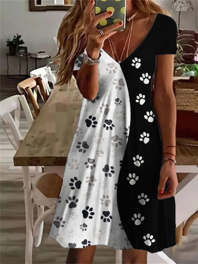 Pet Lover Paw Prints Contrast Art V Neck Midi Dress