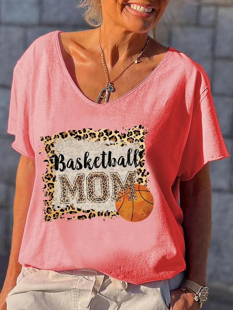 Basketball Mom  Leopard V Neck T-shirt-Annaletters