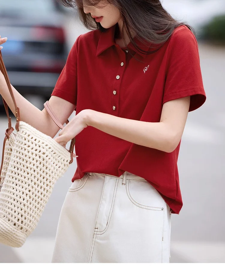 Athvotar Athvotar Vintage Red Elegant POLO T-Shirt 2025 Summer New Commuting Shoulder Slim T-Shirt