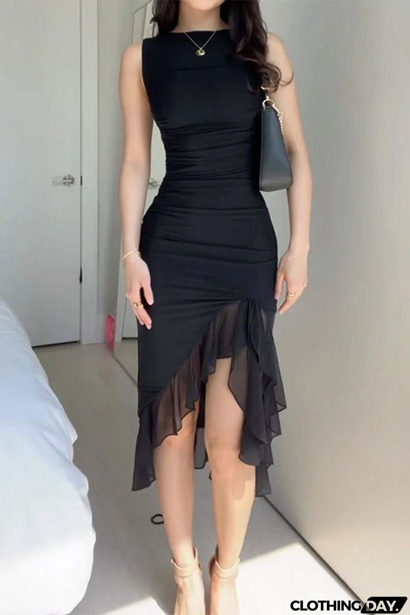 Sexy Celebrities Solid Fold Asymmetrical O Neck Irregular Dress Dresses