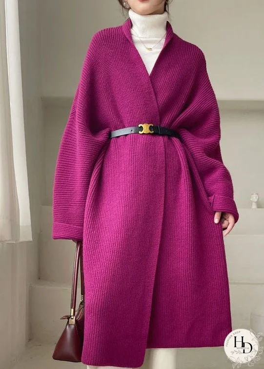 Plus Size Elegant Purple Loose Knit Cardigan Winter