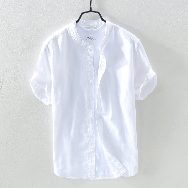 Men's Solid Color Stand-up Collar Single-breasted Short-sleeved Shirt