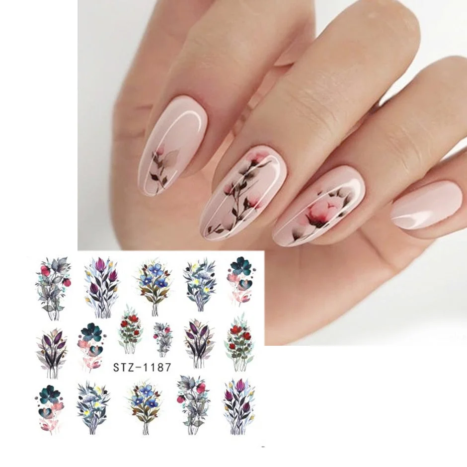 Nail Stickers Water Transfer Flowers Leafs Abstract Art Designs 4Pcs/Set Nail Decal Decoration Tips For Beauty Salons-Nail Inspo