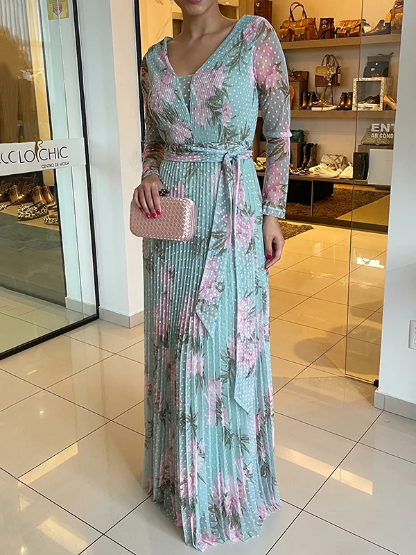 Floral Printed Pleated Long Sleeves V-Neck Maxi Dresses