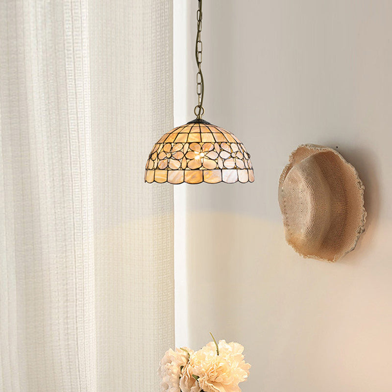 Traditional Tiffany Dome Copper Shell 1-Light Pendant Light For Living Room