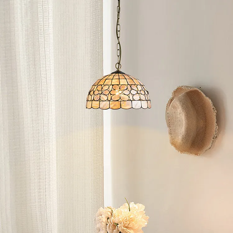 Traditional Tiffany Dome Copper Shell 1-Light Pendant Light For Living Room