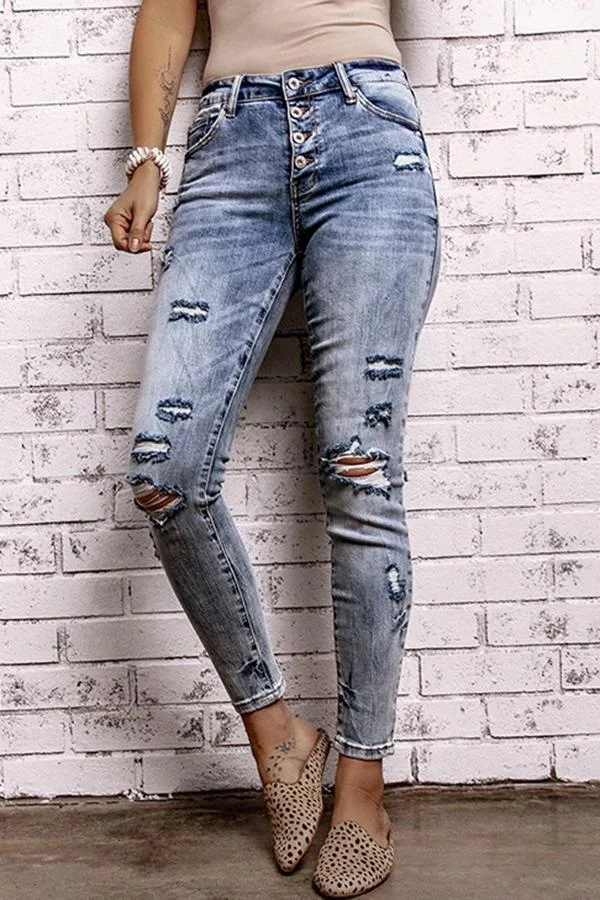 Womens Boho Solid Color Buttons High Waist Jeans-Allyzone-Allyzone