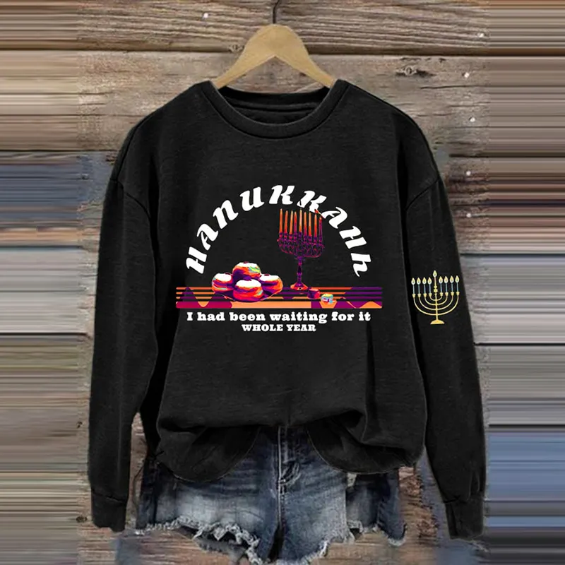 Women's Hanukkah Print Crew Neck Casual Sweatshirt