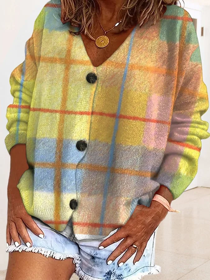Fashionable Printed Casual Loose Buttoned Flannel Cardigan