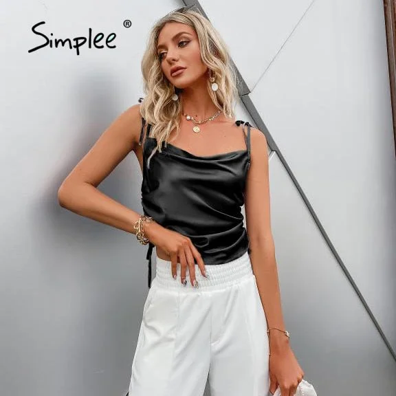 Simplee Sexy solid women sleeveless satin short Top elegant female Spaghetti straps summer High street style Tank Top 2021 New