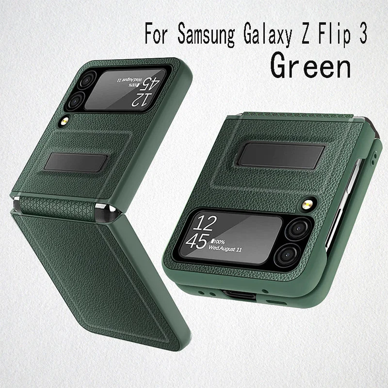 For Samsung Z Flip 3/4 Lychee Pattern Hinge Invisible Kickstand Phone Case
