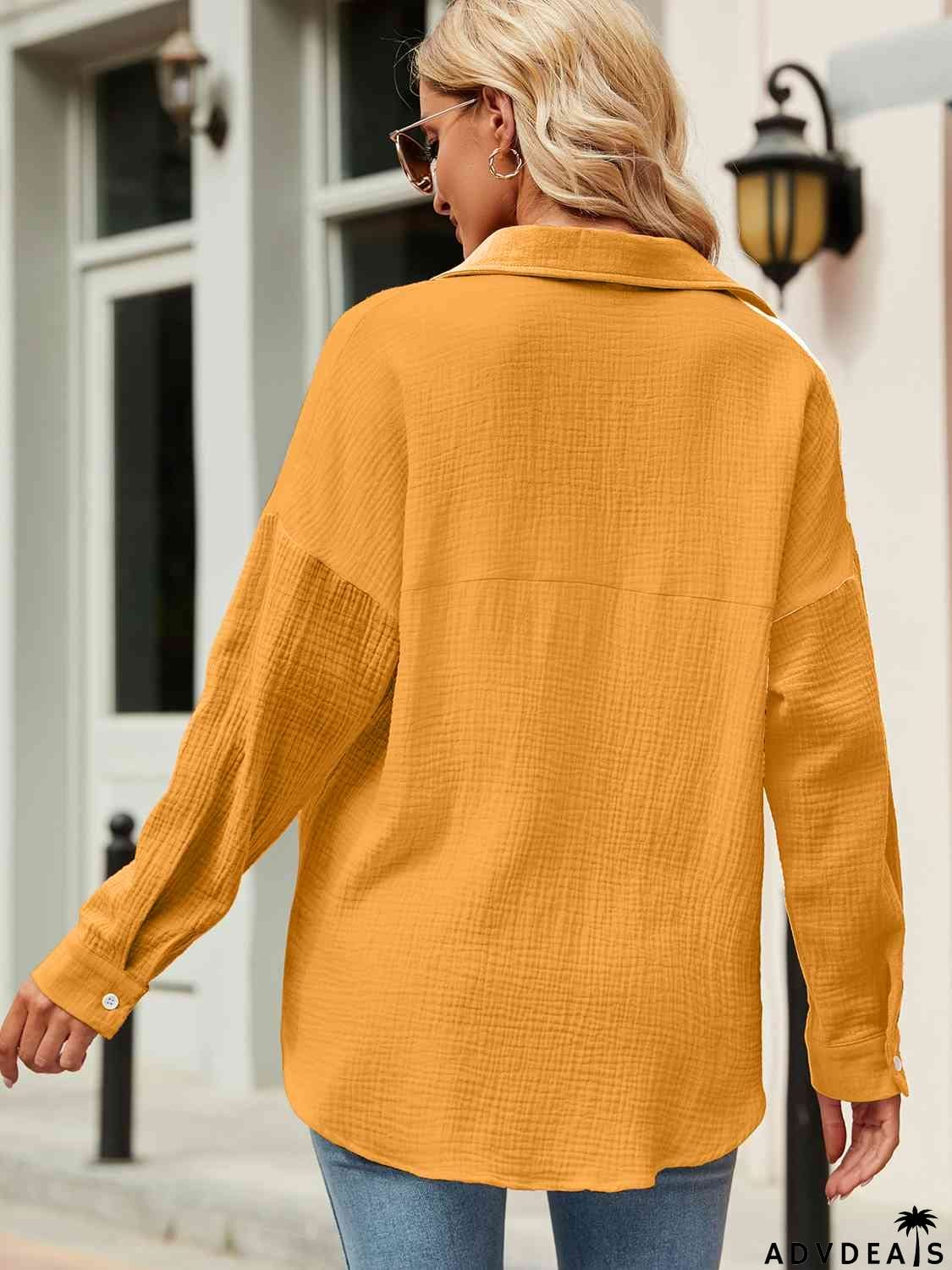 Button Up Collared Neck Drop Shoulder Shirt