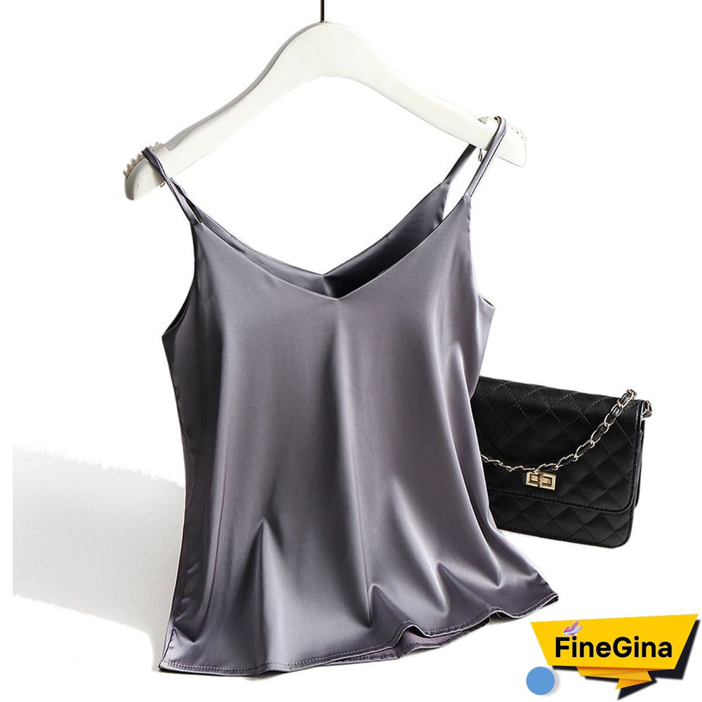 Spaghetti Strap Top Women Halter V Neck Basic White Cami Sleeveless Satin Silk Tank Tops Women'S Summer Camisole Plus Size