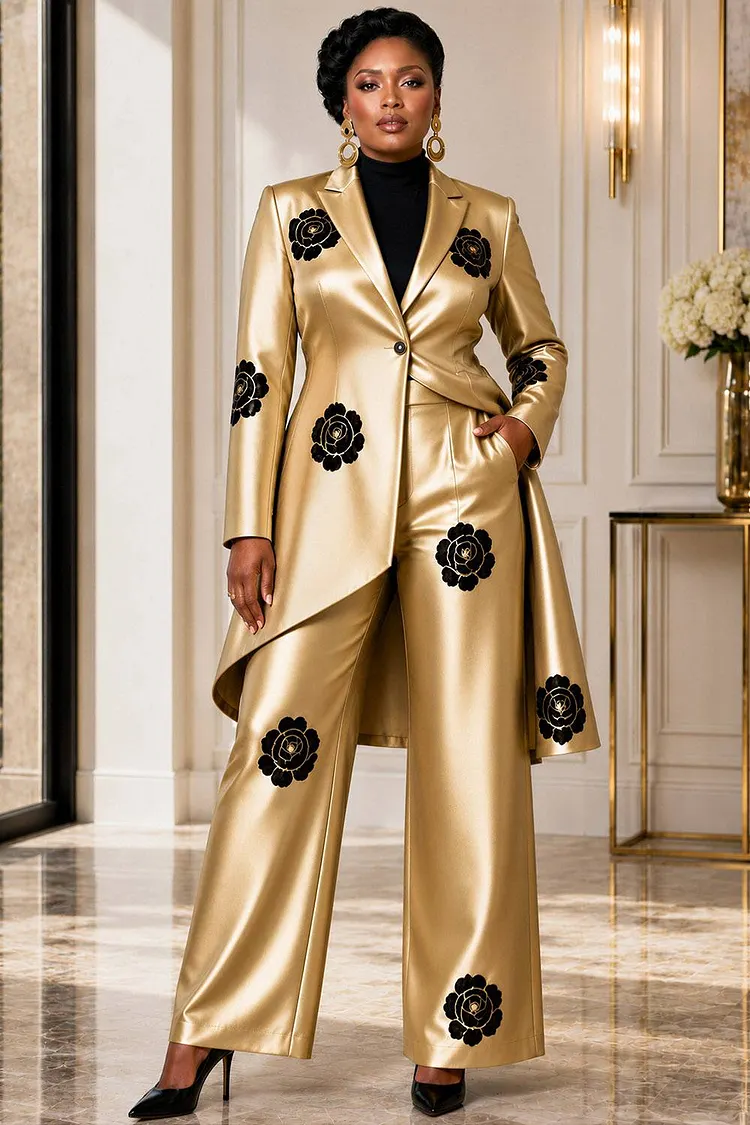 Xpluswear Design Plus Size Formal Gold Lapel Collar Long Sleeve Asymmetric Hem Irregular Hem Pocket Satin Two Piece Pant Suits [Pre-Order] 2024 - Xpluswear