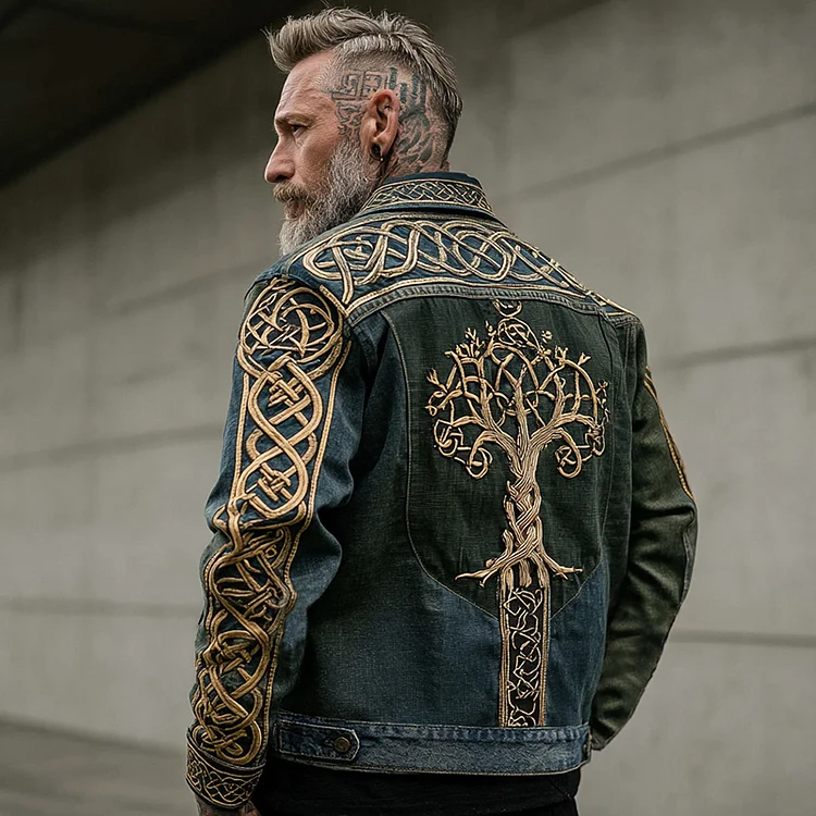 Men's Vintage Viking Life Of Tree Celtic Art Washed Denim Jacket
