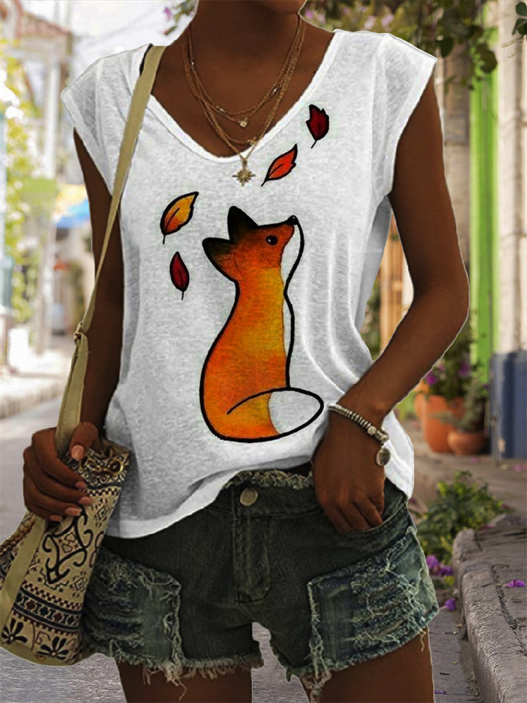 Fall Fox and Maple Leaf Art V-Neck Tank Top artswardrobe