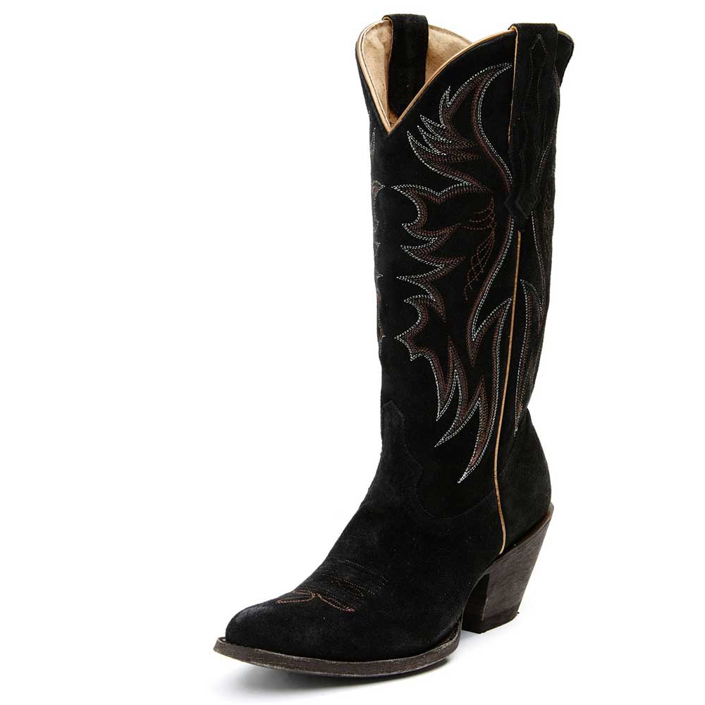 Black Almond Toe Chunky Heel Mid-Calf Cowgirl Boots with Embroidery Nicepairs