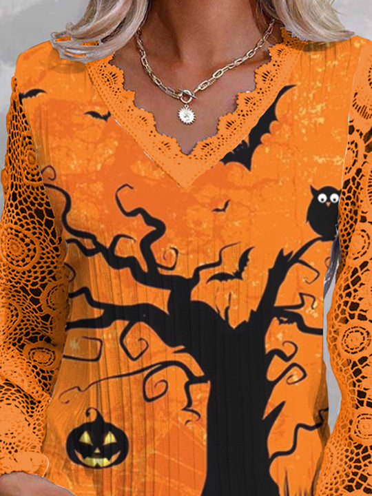 Women Long Sleeve V-neck Printed Graphic Halloween Lace Tops