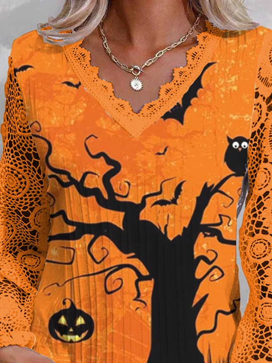 Women Long Sleeve V-neck Printed Graphic Halloween Lace Tops