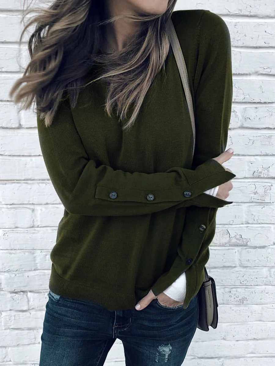 Round Neck Buttons Cuff Solid Color Sweatshirt
