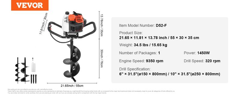 Product Introduction of VEVOR Post Hole Digger. 52cc 1450W Auger Post Hole digger. Gas Powered Earth Digger with Two Earth Auger Drill Bit 6" & 10" and 3 Extension Rods. for Farmland. Garden and Plant. EPA certification VEVOR Super Brand Day 10
