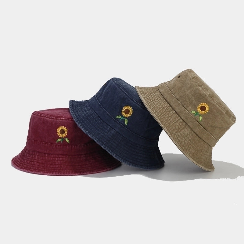 Women's Basic Sunflower Embroidery Big Eaves Bucket Hat