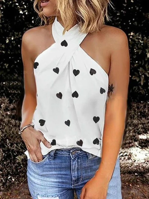 Women's Casual Hanging Neck Printed Sleeveless Patchwork Top