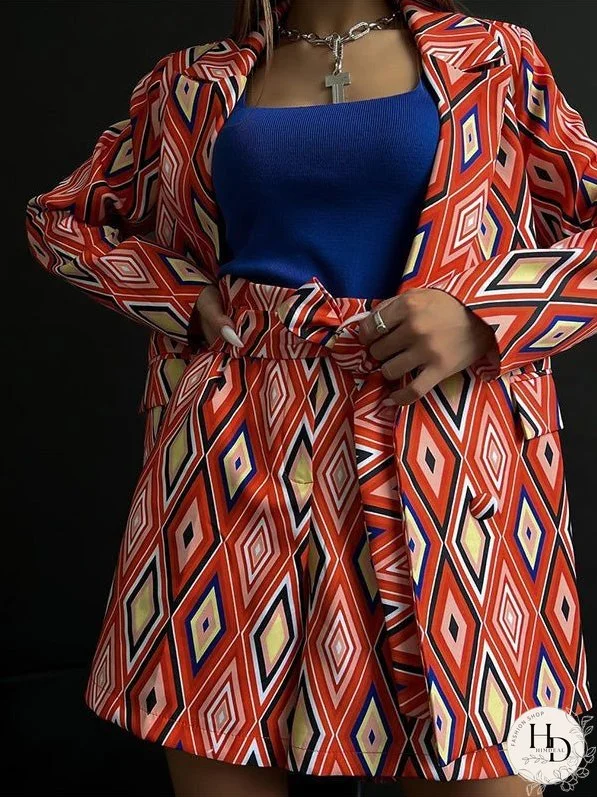 Women's Sets Diamond Print Lapel Blazers & Shorts Two-Piece Set