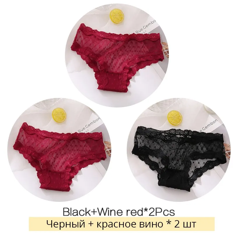 FINETOO Sexy Lace Thongs Women 3Pcs/set Transparent G-string Panties Dots Lace T-back Underwear Fashion Female Underpants M-XL