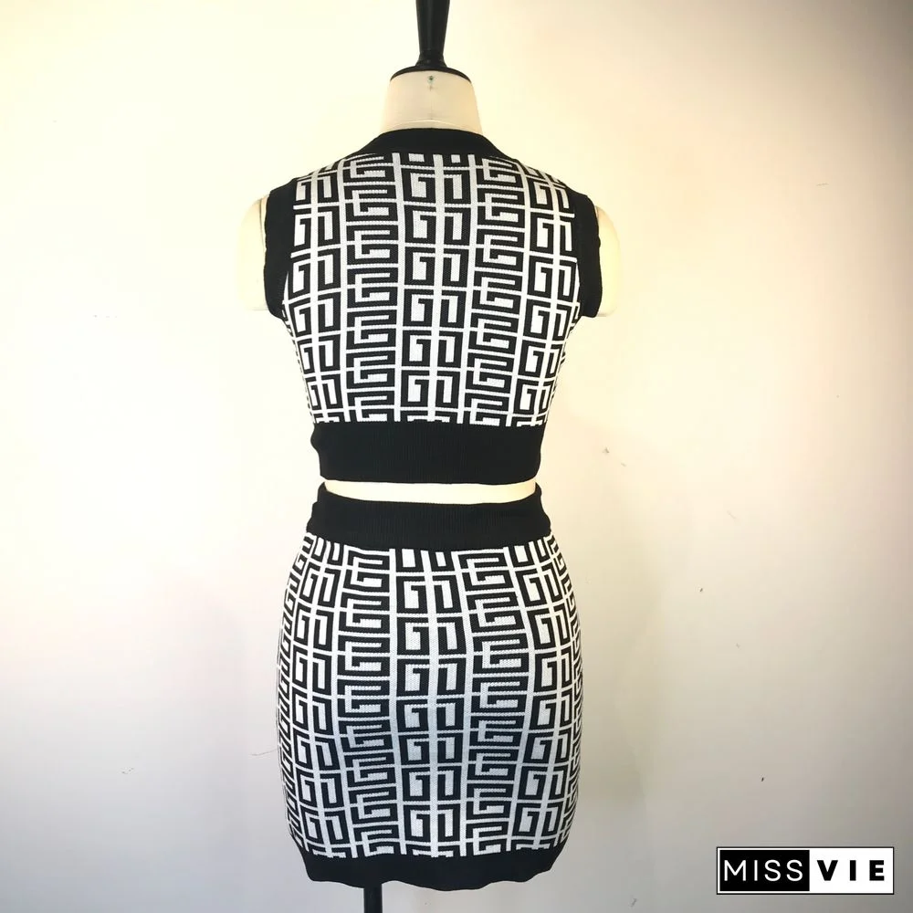 Geometric Knitted Vest Crop Tops Two Piece Skirt Sets