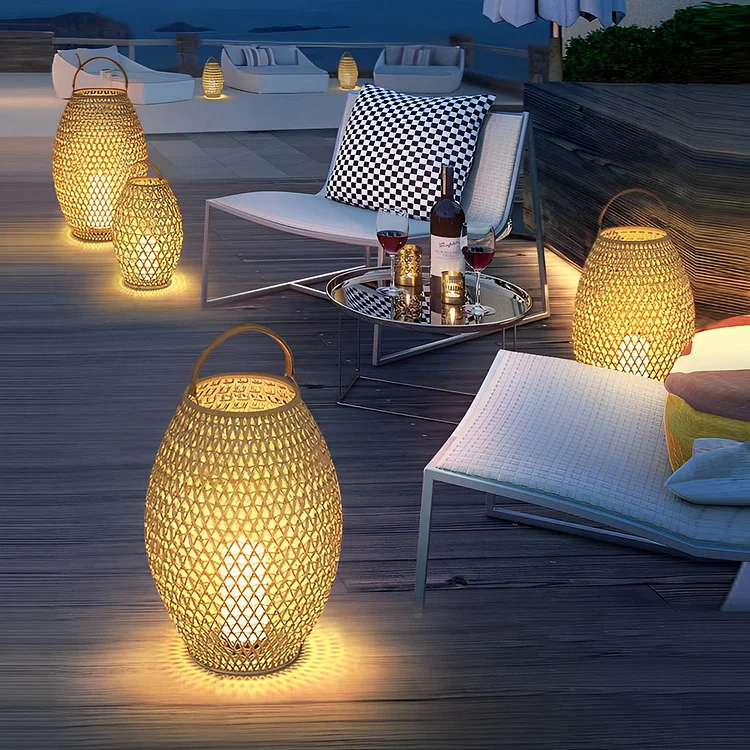 Portable Bamboo Rattan Lanterns Shape Waterproof LED Modern Lawn Light - Appledas