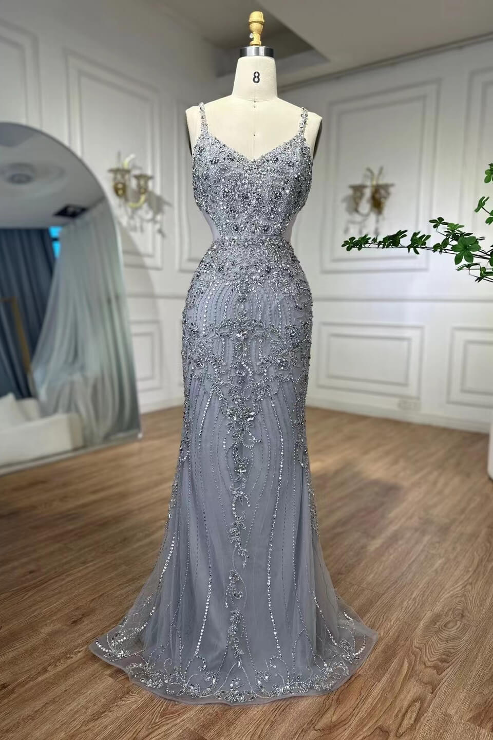 Dresseswow Silver Sleeveless Mermaid Prom Gown With Beadings Crystals Spaghetti-Straps