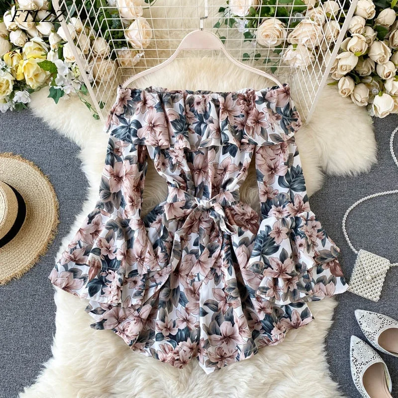 FTLZZ New Autumn Sweet Loose Flare Sleeve Floral Print Jumpsuits Sexy Slash Neck Off Shoulder Ruffled Chiffon Jumpsuits