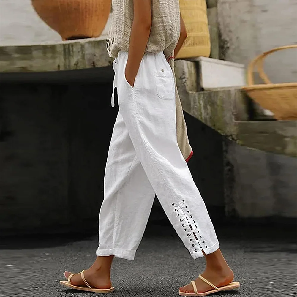 Smiledeer Summer new solid color cotton linen loose strappy trousers