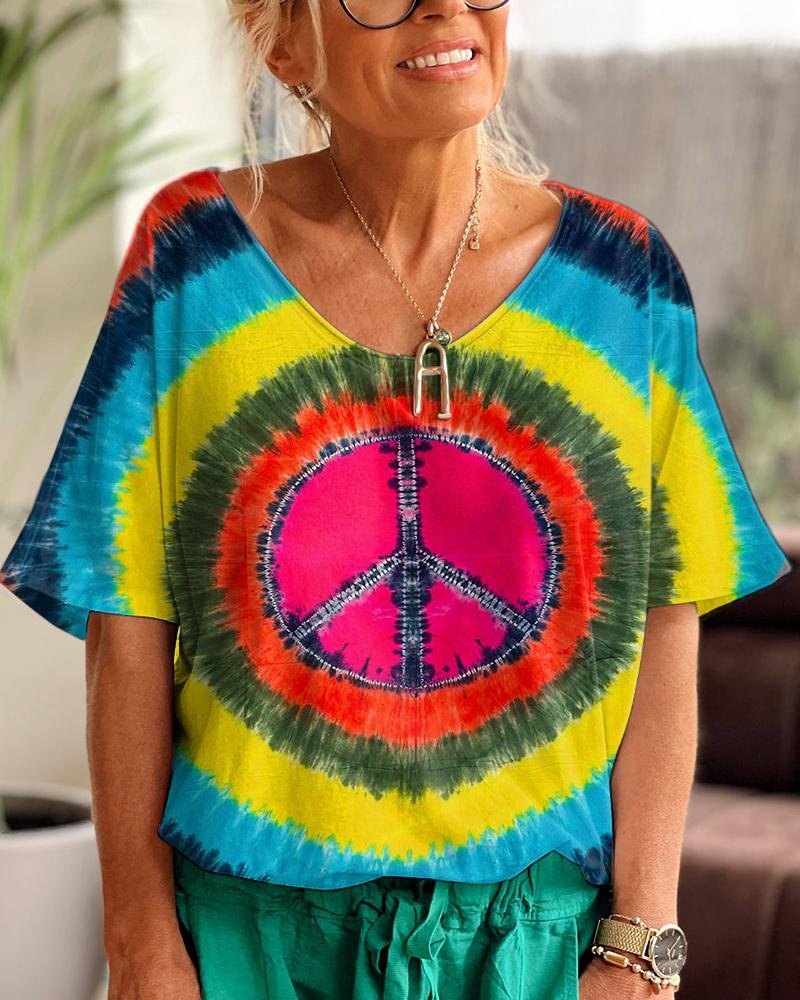 Hippie Tie Dye V Neck Graphic T-shirt