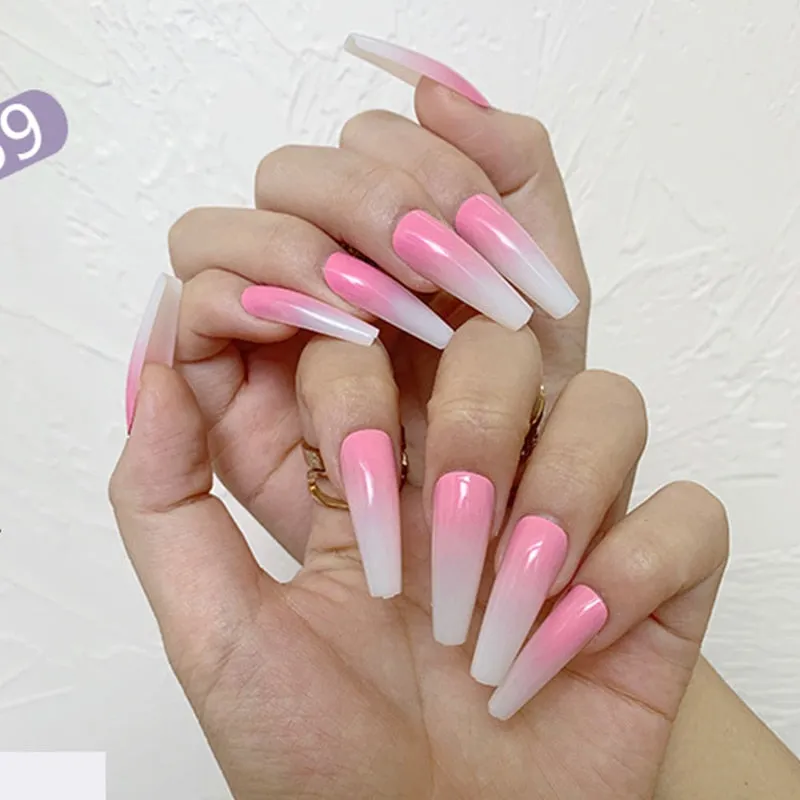 24pcs/Set Long Coffin False Nails Fashion Finished Red Black Gradient Fake Nails Beauty Nail Decal Ballerina Full Nail Art Tips-Nail Inspo