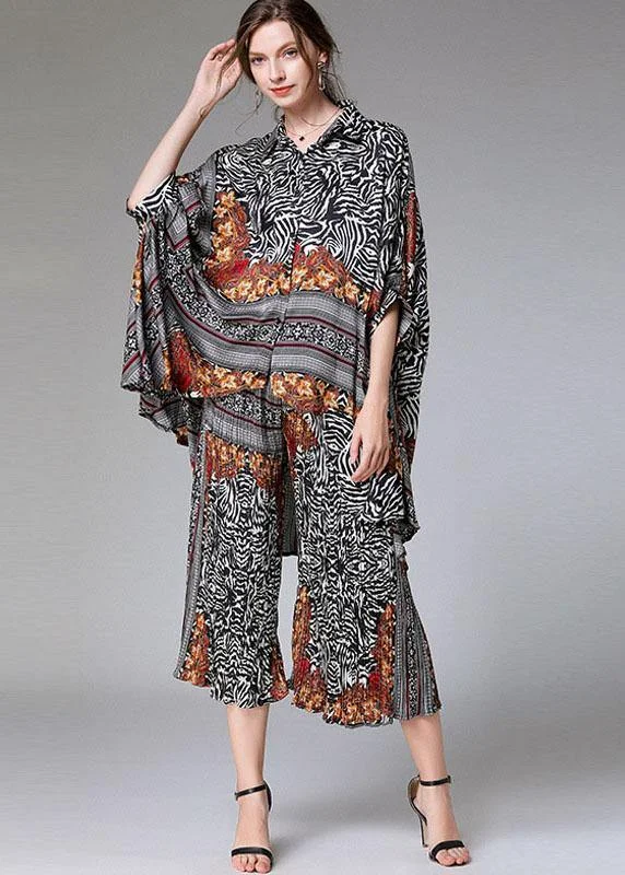 Diy Color Block Zebra Pattern Asymmetrical Design Print Spring Chiffon Two-Piece Set Half Sleeve