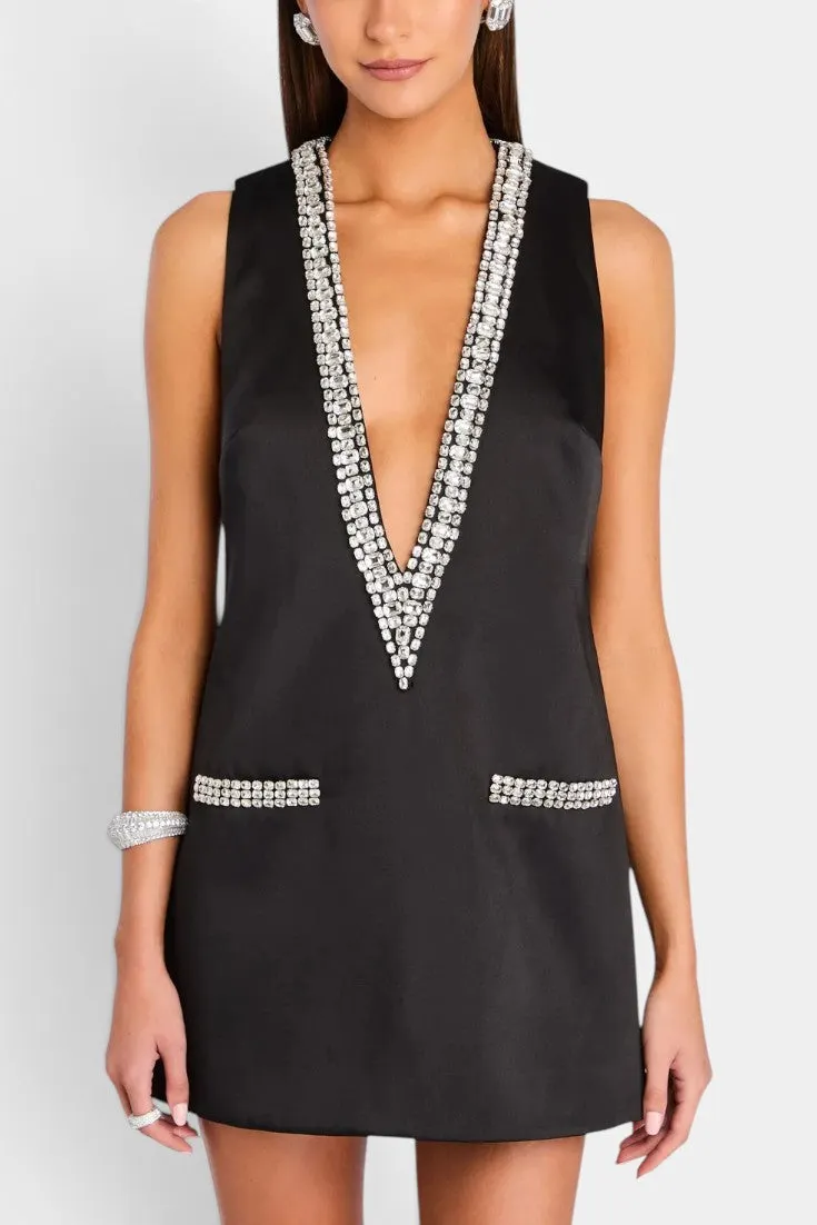 Deep V-Neck Sleeveless Dress with Crystal Accents
