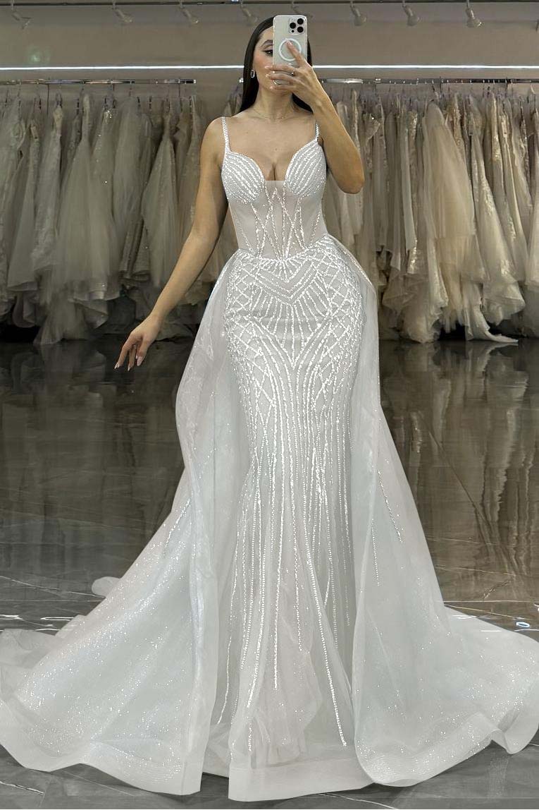 Lussooy Sequins Dusty Blue Glamorous Spaghtti Strap Sleeveless Sweetheart Mermaid Prom Dress  