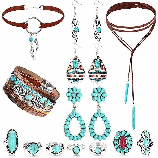 13 Pcs Western Jewelry for Women Bohemian Turquoise Jewelry Set Turquoise Faux Leather Cuff Bracelet Turquoise Pendant Choker Necklace Turquoise Hoop Dangle Earrings Turquoise Joint Knuckle Rings