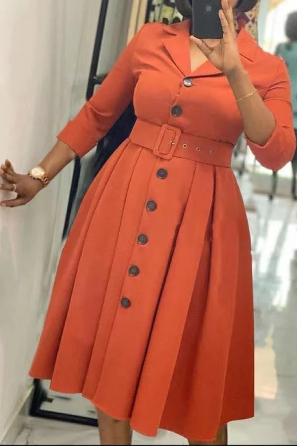 Commuter 3/4 Lenght Sleeve Lapel Belt A-Line Single Breasted Mini Dress