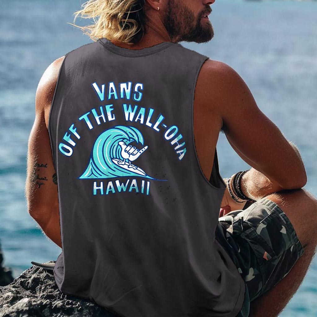 Men's Vintage Off The Wall-Oha Haiwaii Surfing Wave Print Sleeveless Tank Top / TECHWEAR CLUB / Techwear