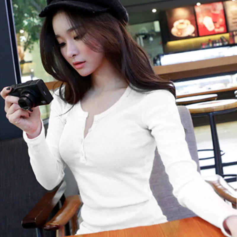 Uveng Uveng Autumn Button Thread Solid Color Long Sleeve T-Shirt Female Slim Korean New Plus Size Top Bottom Shirt