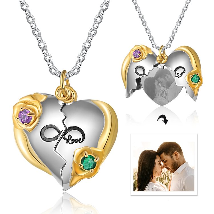 Collar en forma de corazón con rosa 1 Foto personalizada con texto 2 piedras de nacimiento