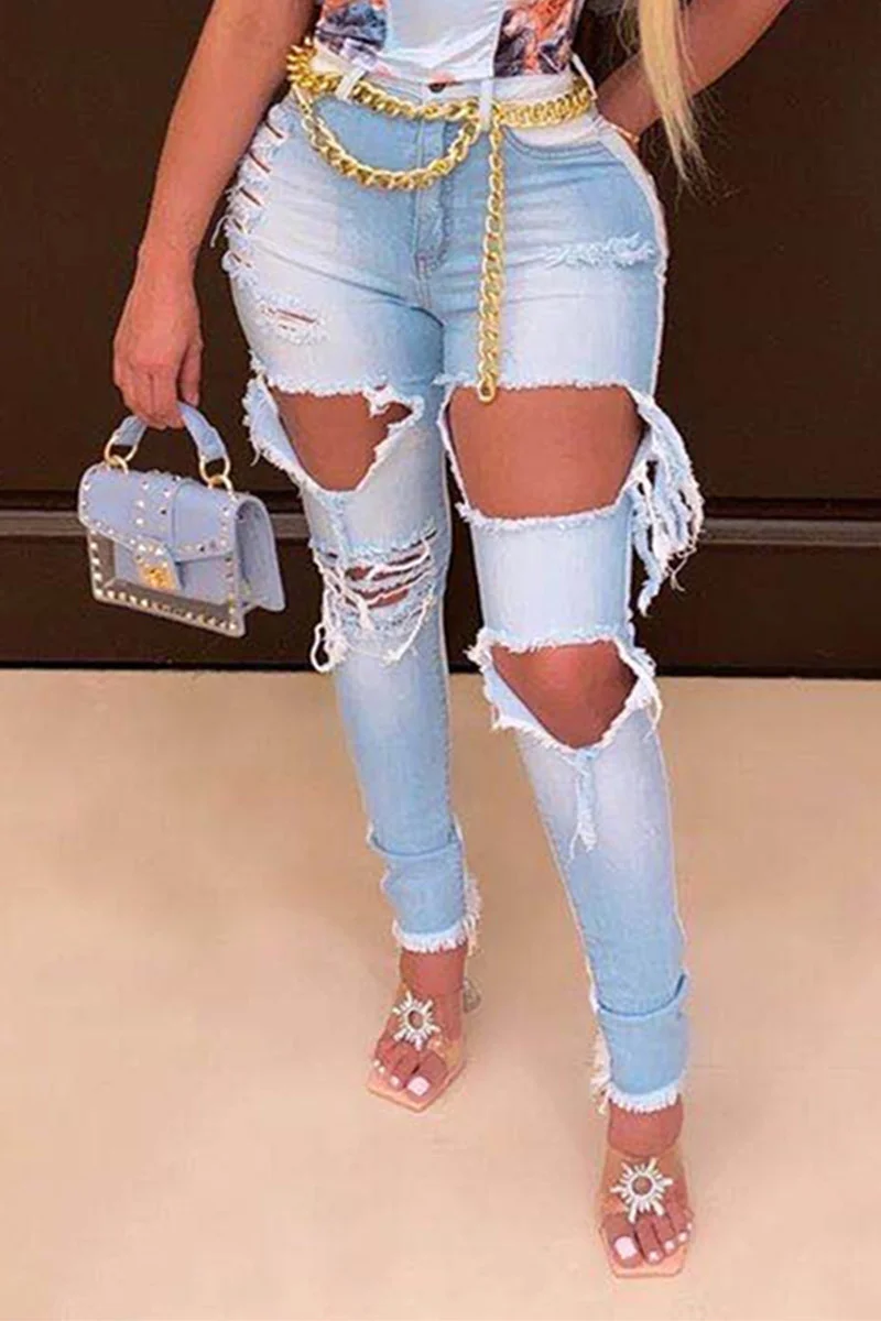 Baby Blue Fashion Sexy Pierced Ripped High Waist Regular Denim Jeans