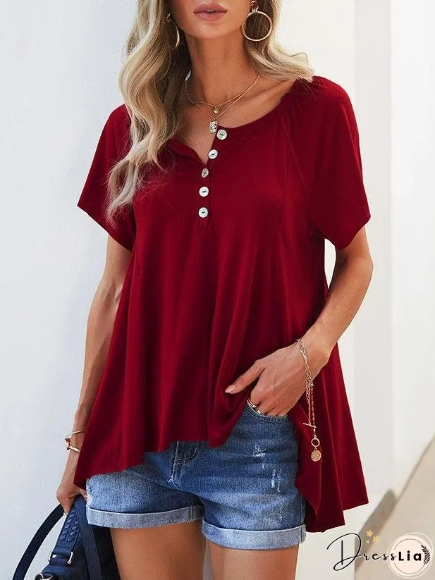 Solid Leisure Comfortable V Neck Irregular T-shirt for Women