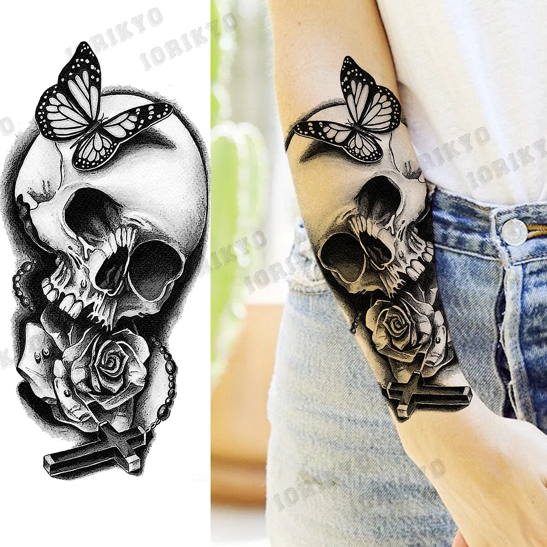 Black Devil Vampire Arm Temporary Tattoos For Women Adult Skull Lion Crown Compass Fake Tattoo Washable Body Art Painting Tatoos
