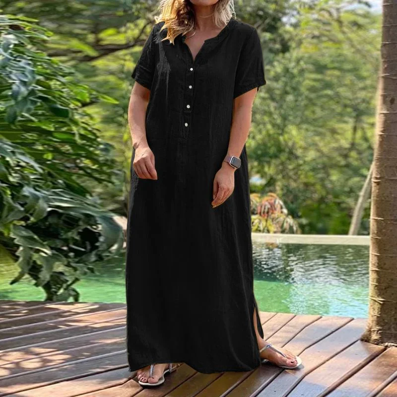 ZANZEA Women Long Shirt Dress Summer Sundress Vintage Short Sleeve Solid Cotton Vestidos Robe Femme Dresses Kaftan  7